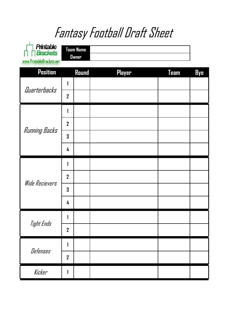Fantasy Football Draft Sheet - Printable Brackets Download Pertaining To Blank Football Depth Chart Template