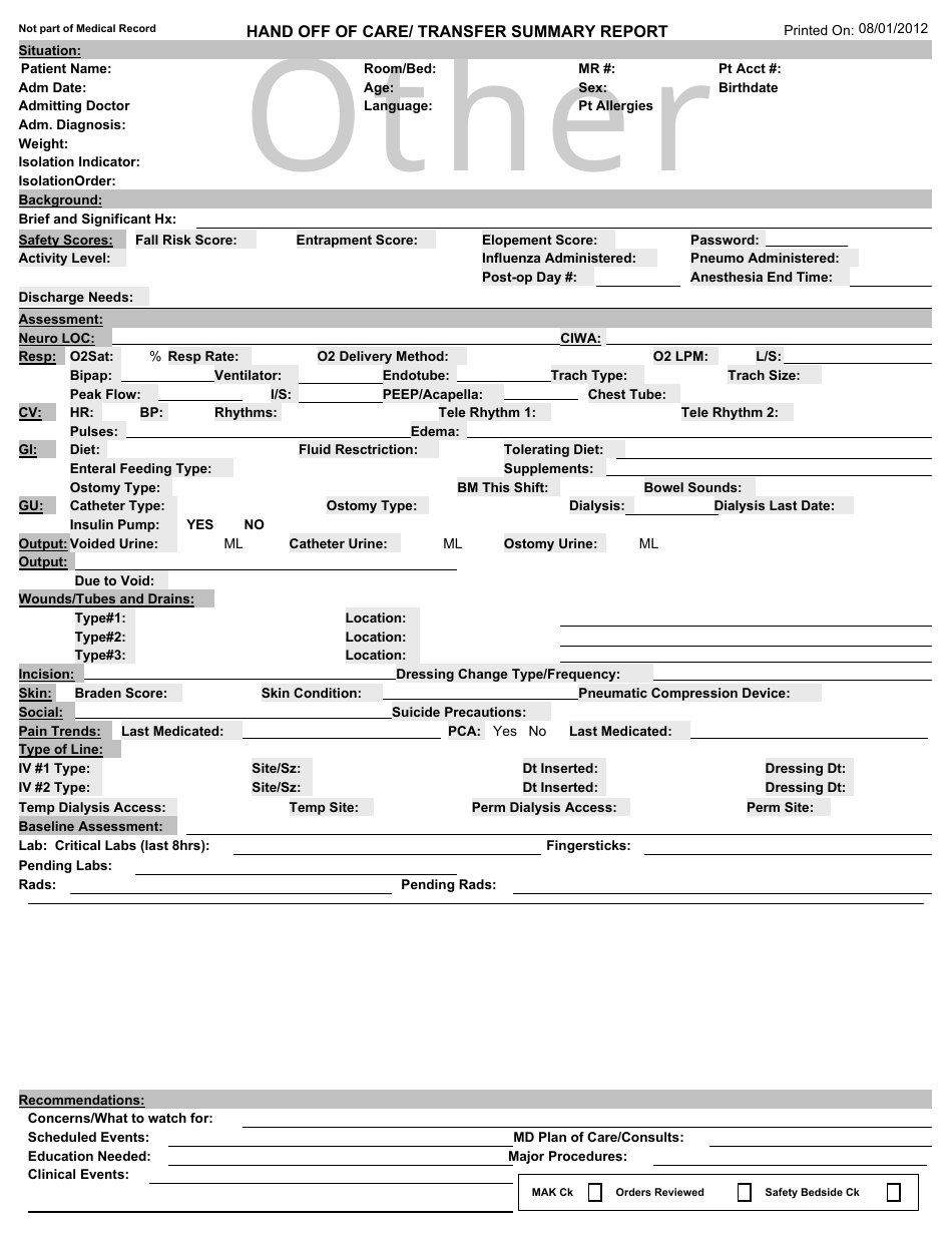 Hand off of Care/Transfer Summary Report Template Download For Patient Care Report Template