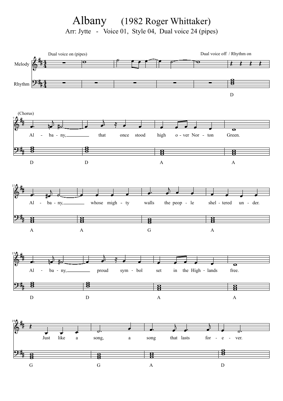 Roger Whittaker - Albany Piano Sheet Music Image Preview