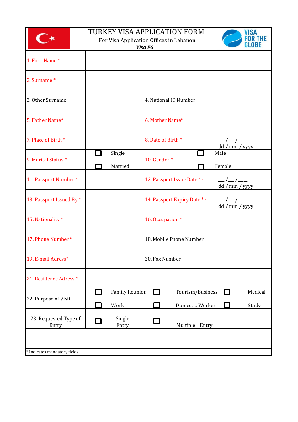 turkey tourist visa application form pdf