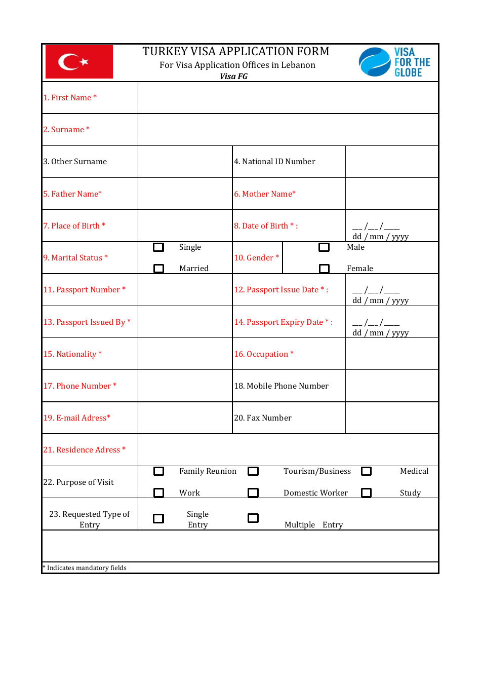 Lebanon Turkish Visa Application Form Embassy Of Turkey In Lebanon Fill Out Sign Online And