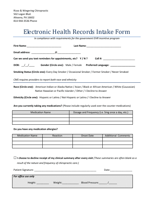 Electronic Health Records Intake Form - Rizzo & Wiegering Chiropractic Download Pdf