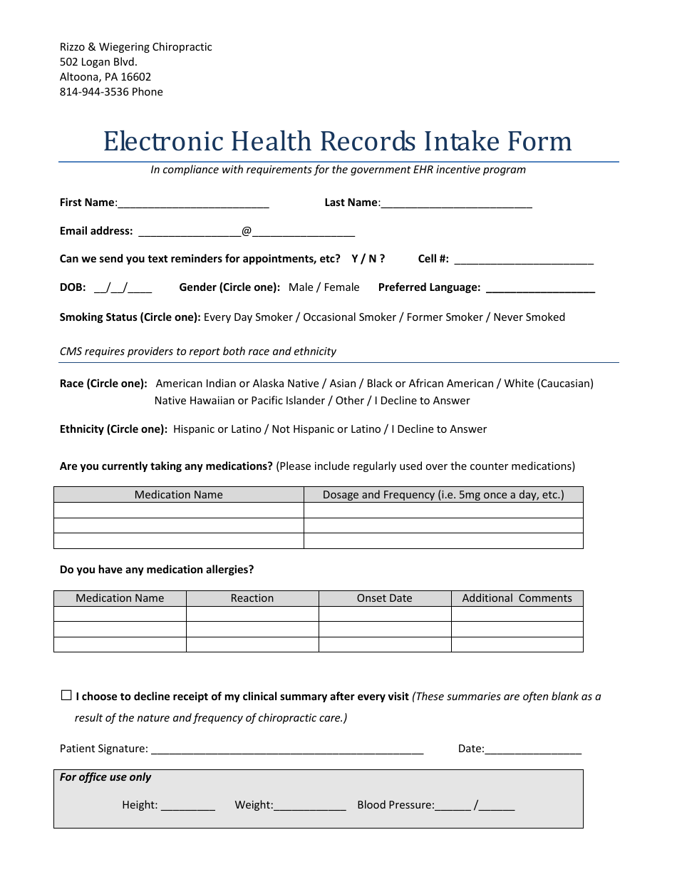 Electronic Health Records Intake Form - Rizzo  Wiegering Chiropractic, Page 1