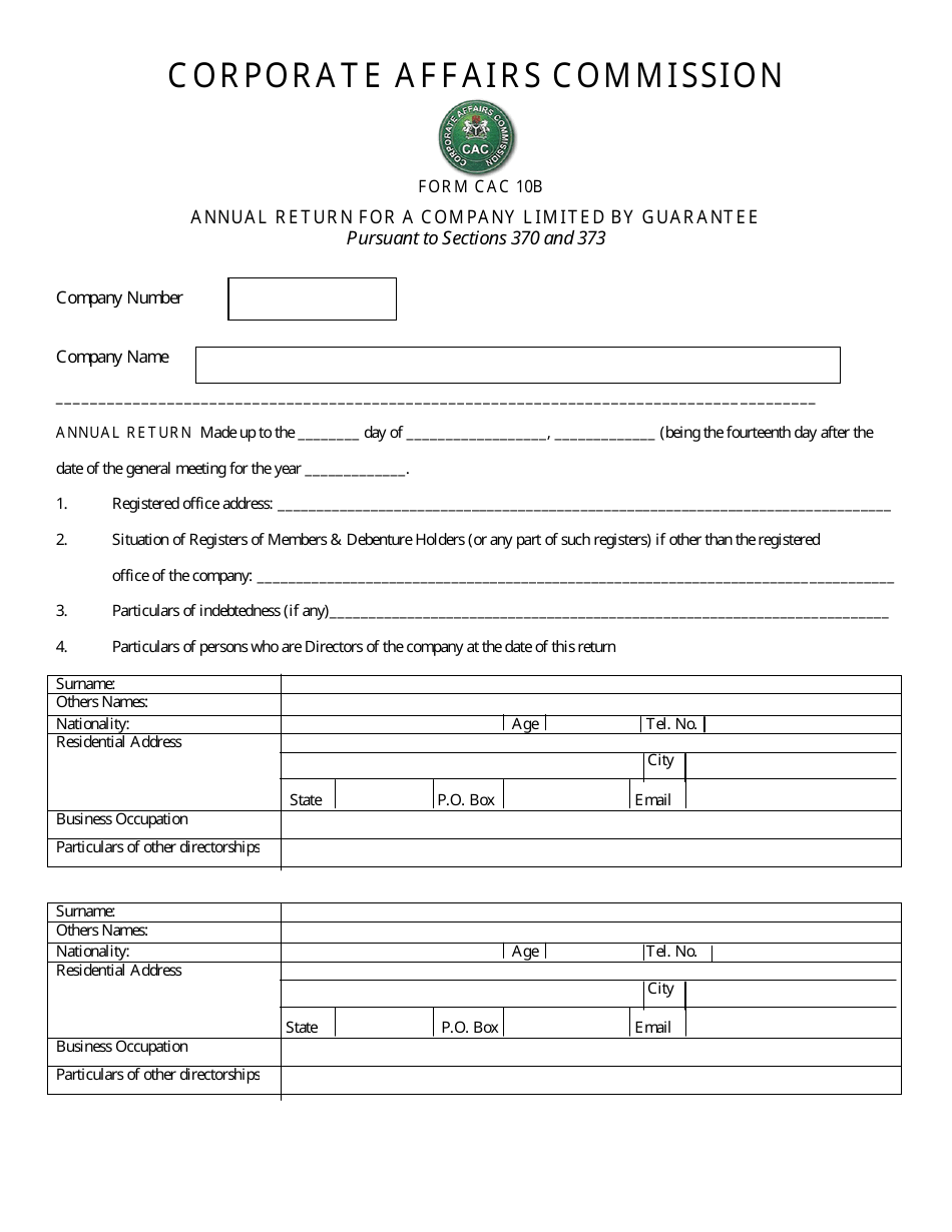 Form CAC10b Annual Return for a Company Limited by Guarantee - Nigeria, Page 1