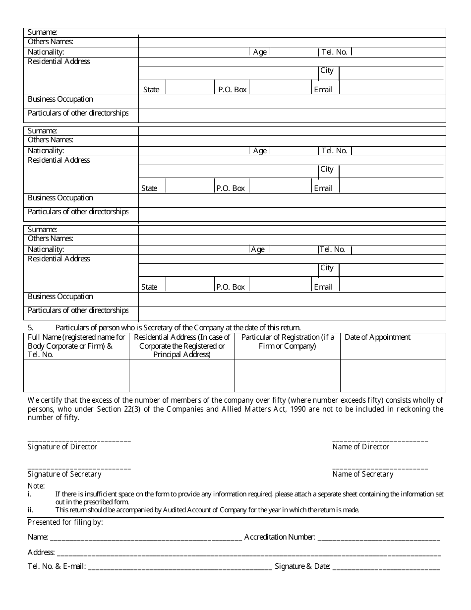 Form CAC10b Annual Return for a Company Limited by Guarantee - Nigeria, Page 2