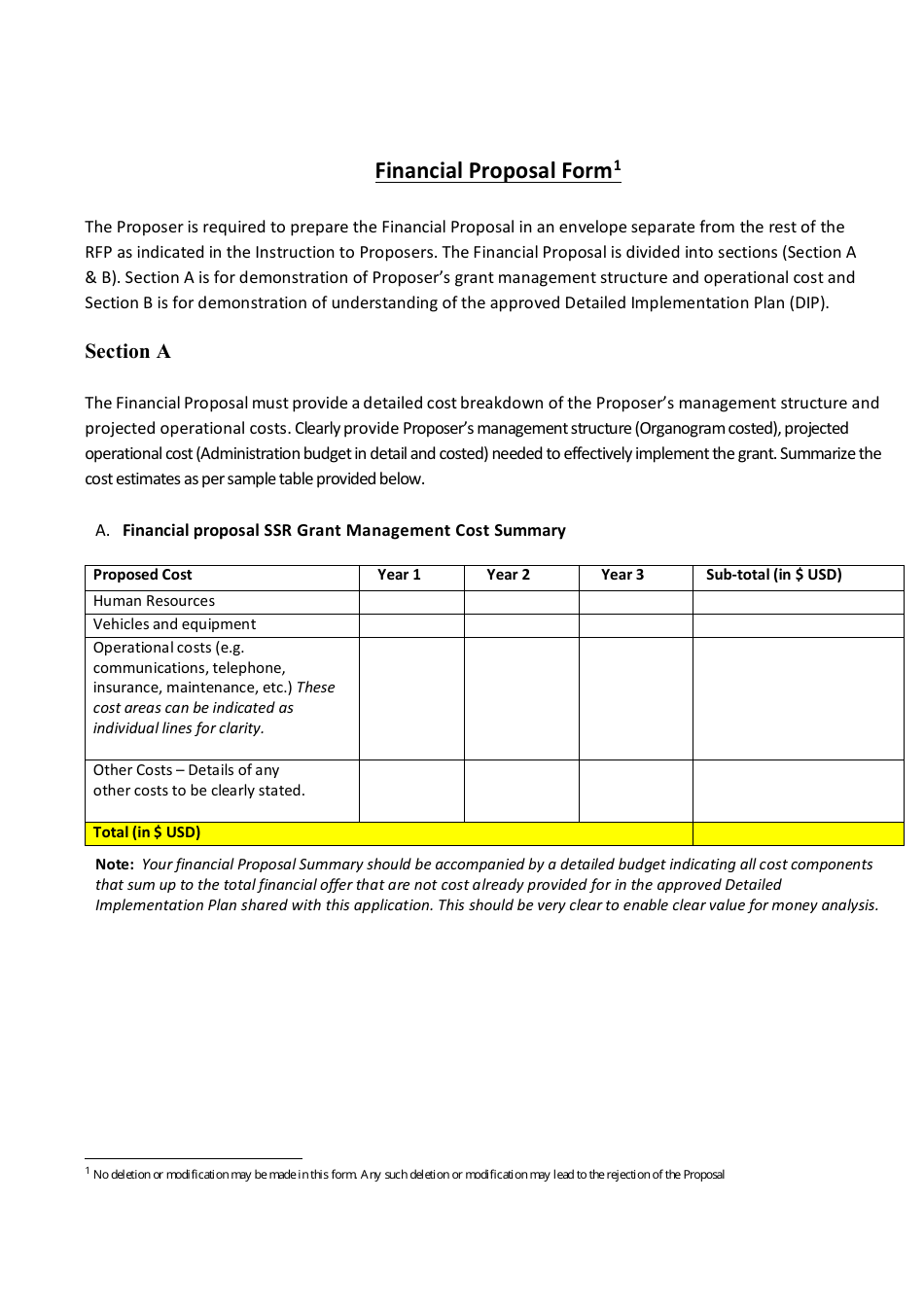 Financial Proposal Form, Page 1