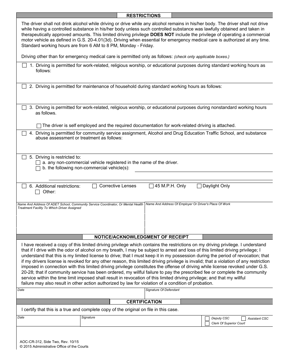 Form AOC-CR-312 Limited Driving Privilege Impaired Driving or Open Container or Underage Alcohol Violation (N.c. Convictions Only) - North Carolina, Page 2