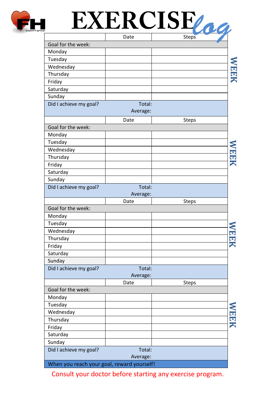 Monthly Exercise Log Template - Fh Support Group