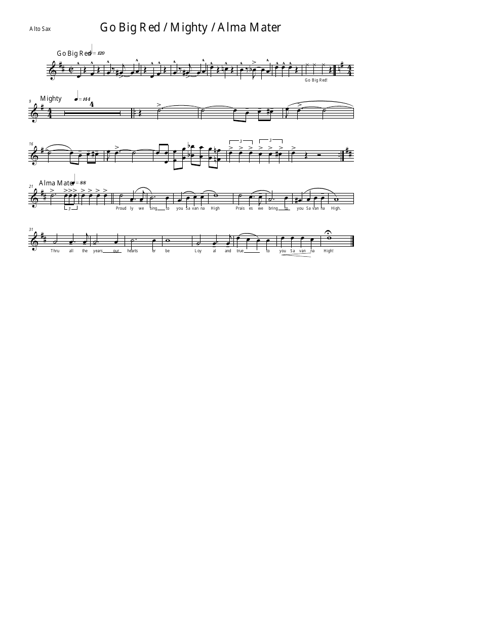 Go Big Red/Mighty/Alma Mater alto sax sheet music - Preview