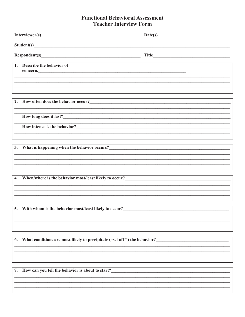 Functional Behavioral Assessment Teacher Interview Form, Page 1