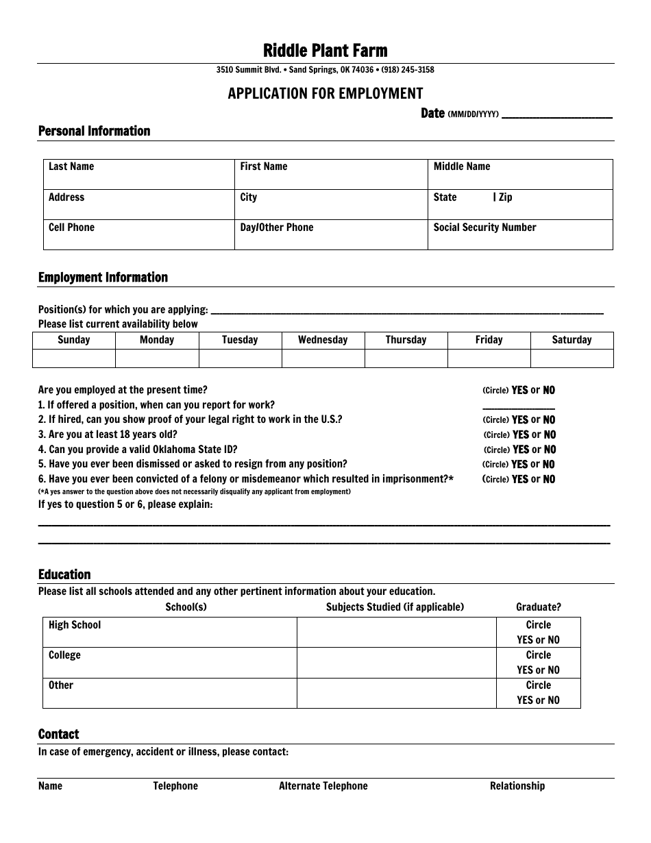 Oklahoma Application for Employment - Riddle Plant Farm Download ...