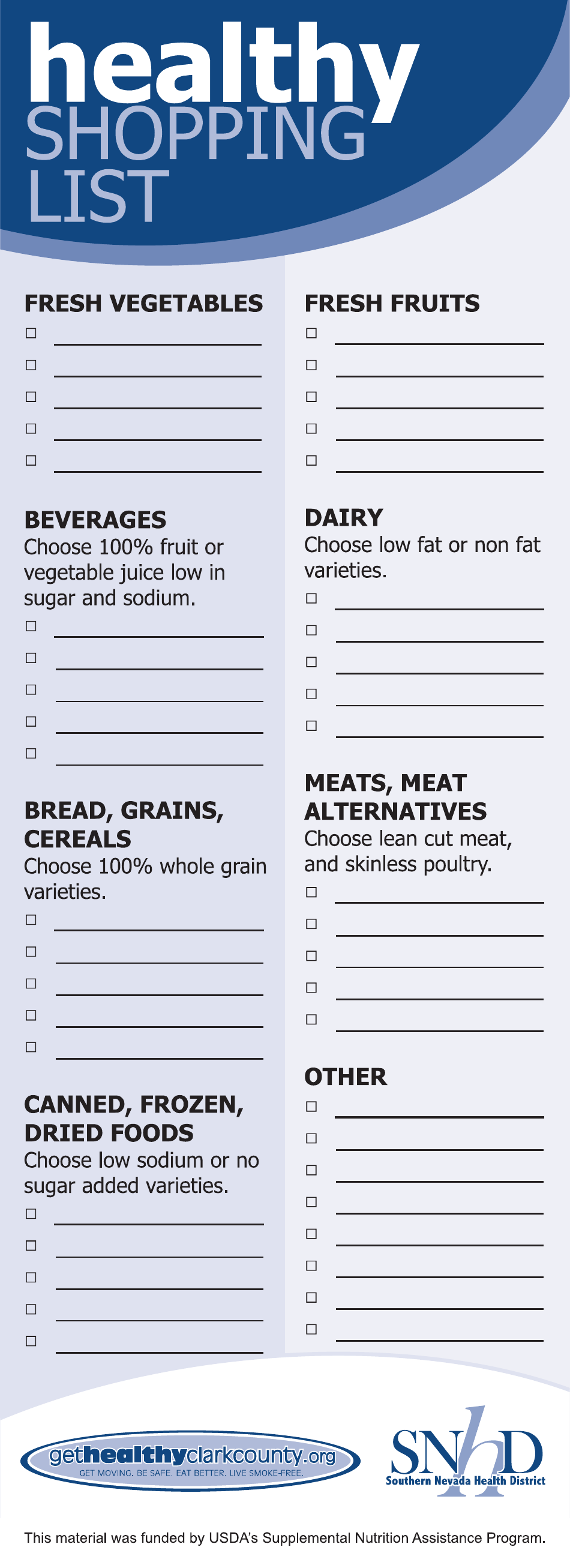 Healthy Shopping List Template Preview - Southern Nevada Health District