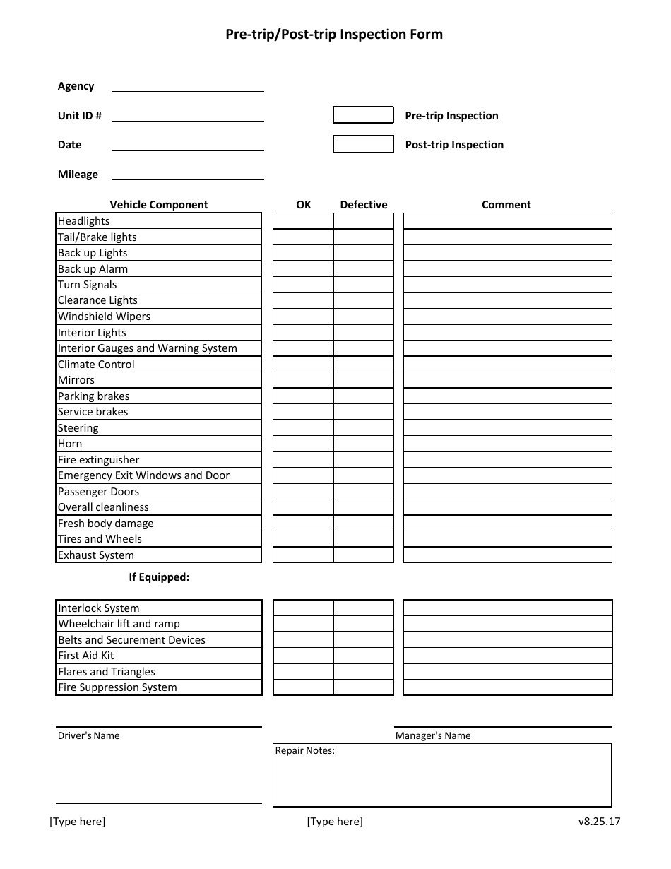 Pre-trip / Post-trip Vehicle Inspection Form, Page 1