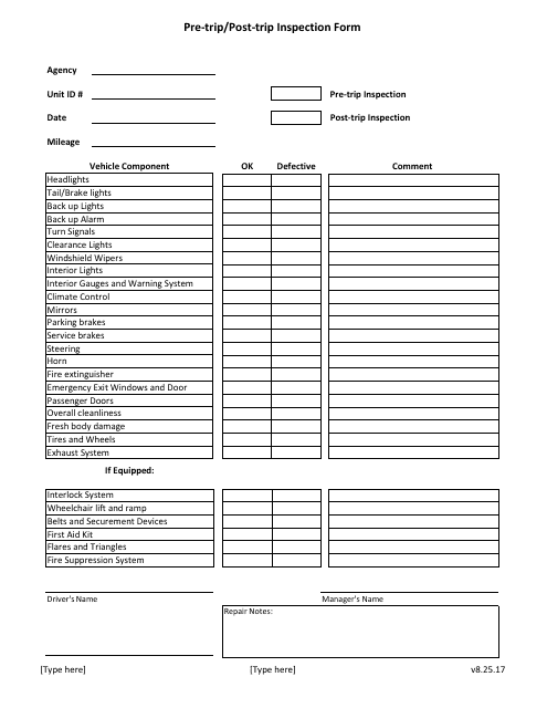 Pre-trip/Post-trip Vehicle Inspection Form