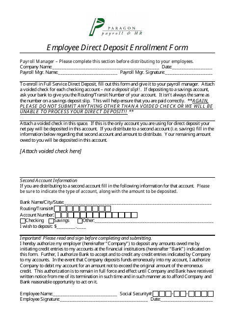&quot;Employee Direct Deposit Enrollment Form - Paragon Payroll &amp; Hr&quot; Download Pdf