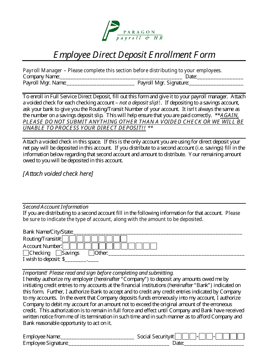 Employee Direct Deposit Enrollment Form Paragon Payroll & Hr Fill