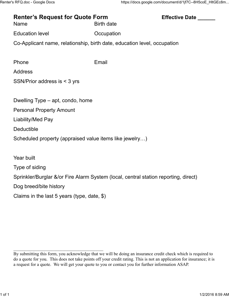 Renters Request for Quote Form, Page 1