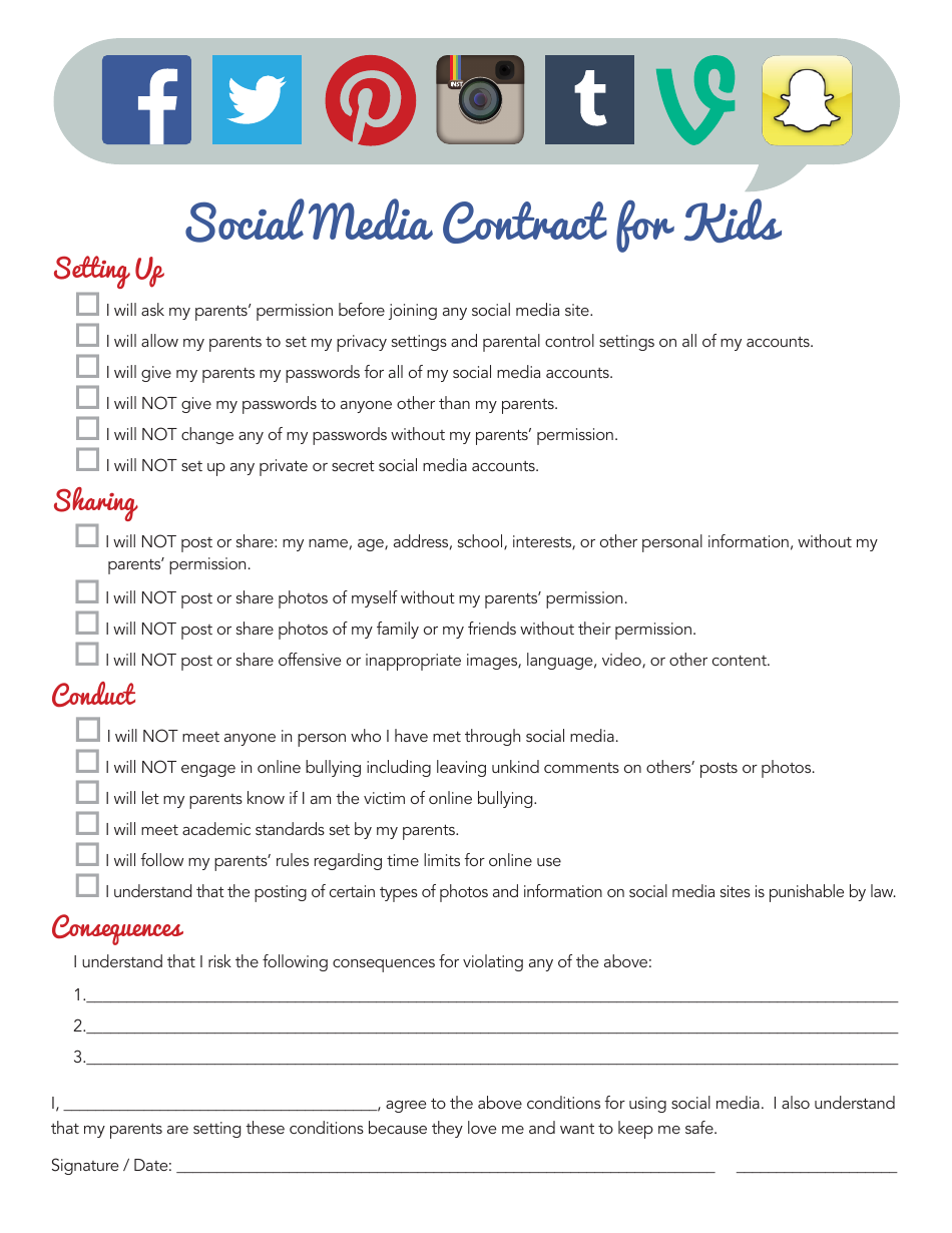 Social Media Contract Template for Kids, Page 1