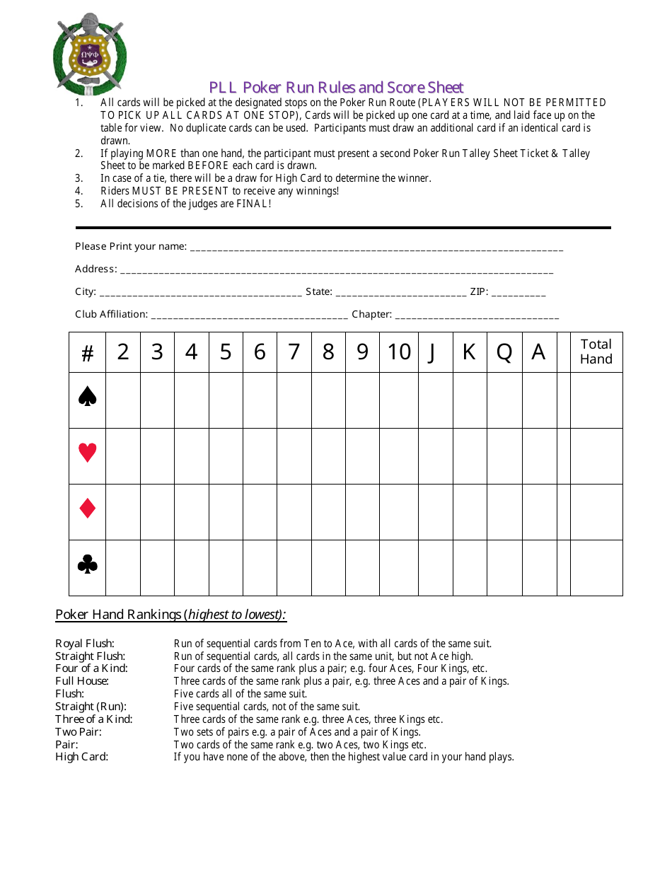 Preview of the PLL Poker Run Rules and Score Sheet Template