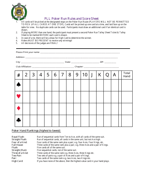 Preview of the PLL Poker Run Rules and Score Sheet Template