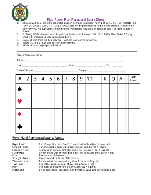 Pll Poker Run Rules And Score Sheet Template Download Printable Pdf Templateroller