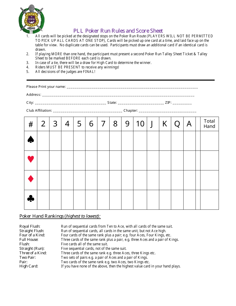 Pll Poker Run Rules And Score Sheet Template Download Printable PDF 