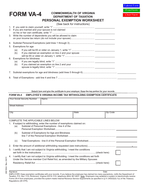 Form VA-4 Personal Exemption Worksheet - Virginia