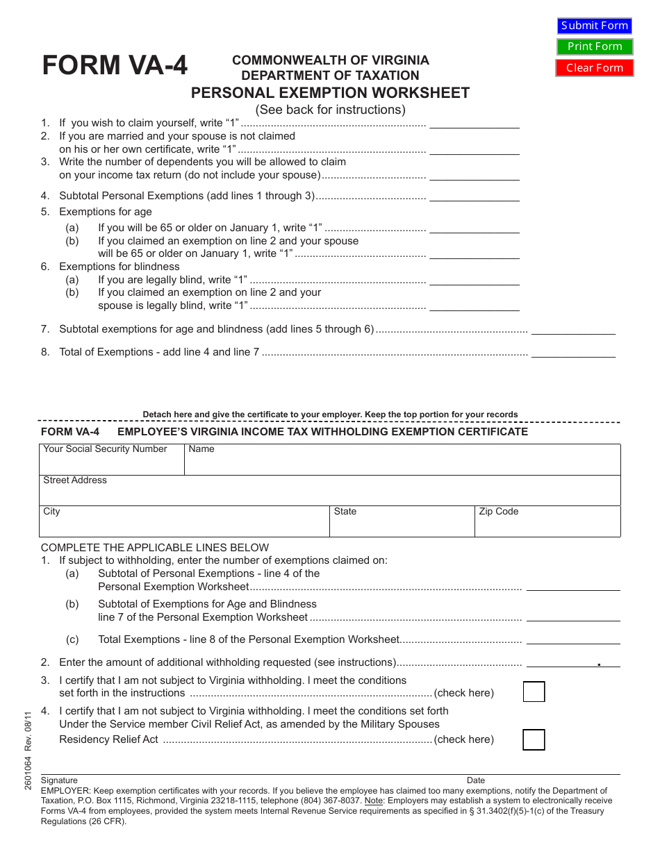 Form VA-4 Personal Exemption Worksheet - Virginia, Page 1