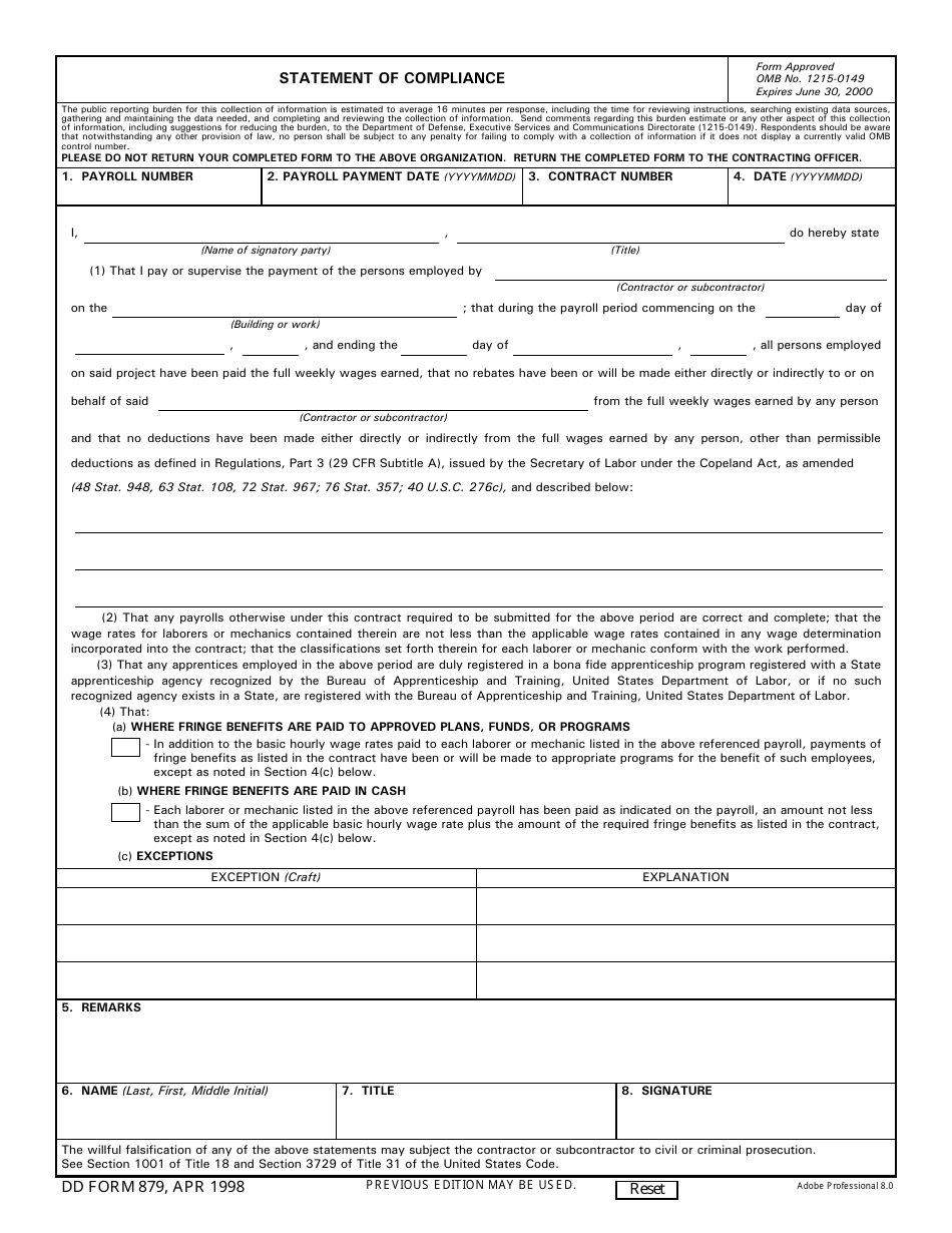 DD Form 879 Statement of Compliance, Page 1