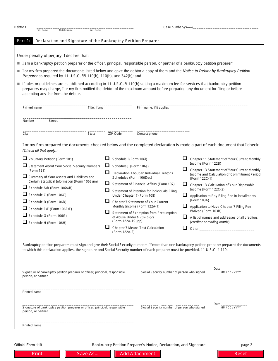 Official Form 119 Bankruptcy Petition Preparers Notice, Declaration, and Signature, Page 2