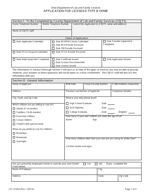 Form JFS01643 Application for Licensed Type B Home - Ohio