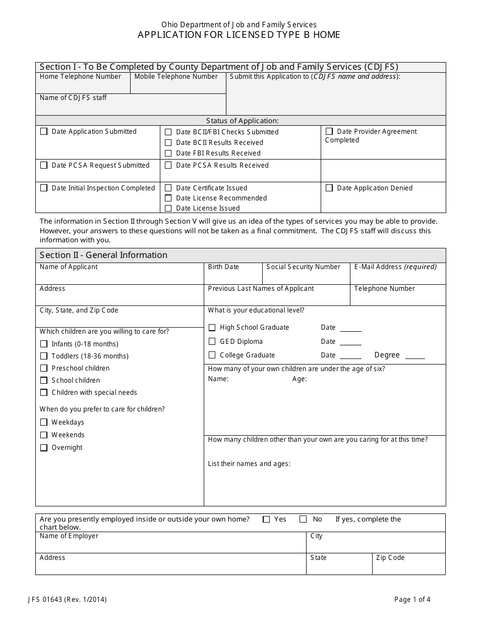 Form JFS01643 Application for Licensed Type B Home - Ohio, Page 1
