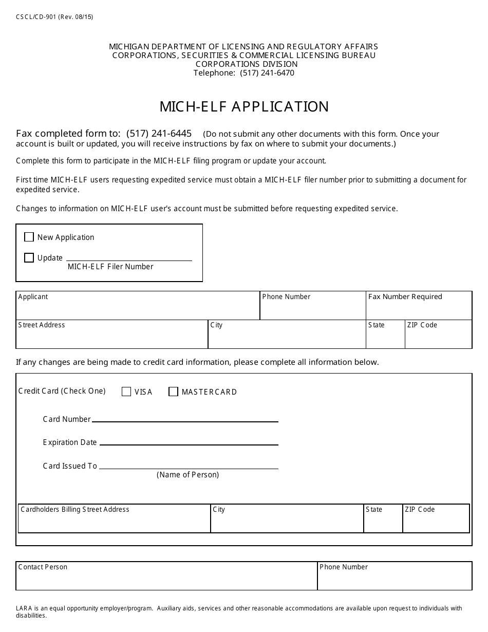 Form CSCL / CD-901 Mich Elf Application - Michigan, Page 1
