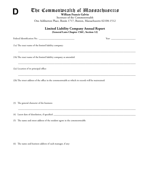 Limited Liability Company Annual Report Form - Massachusetts Download Pdf