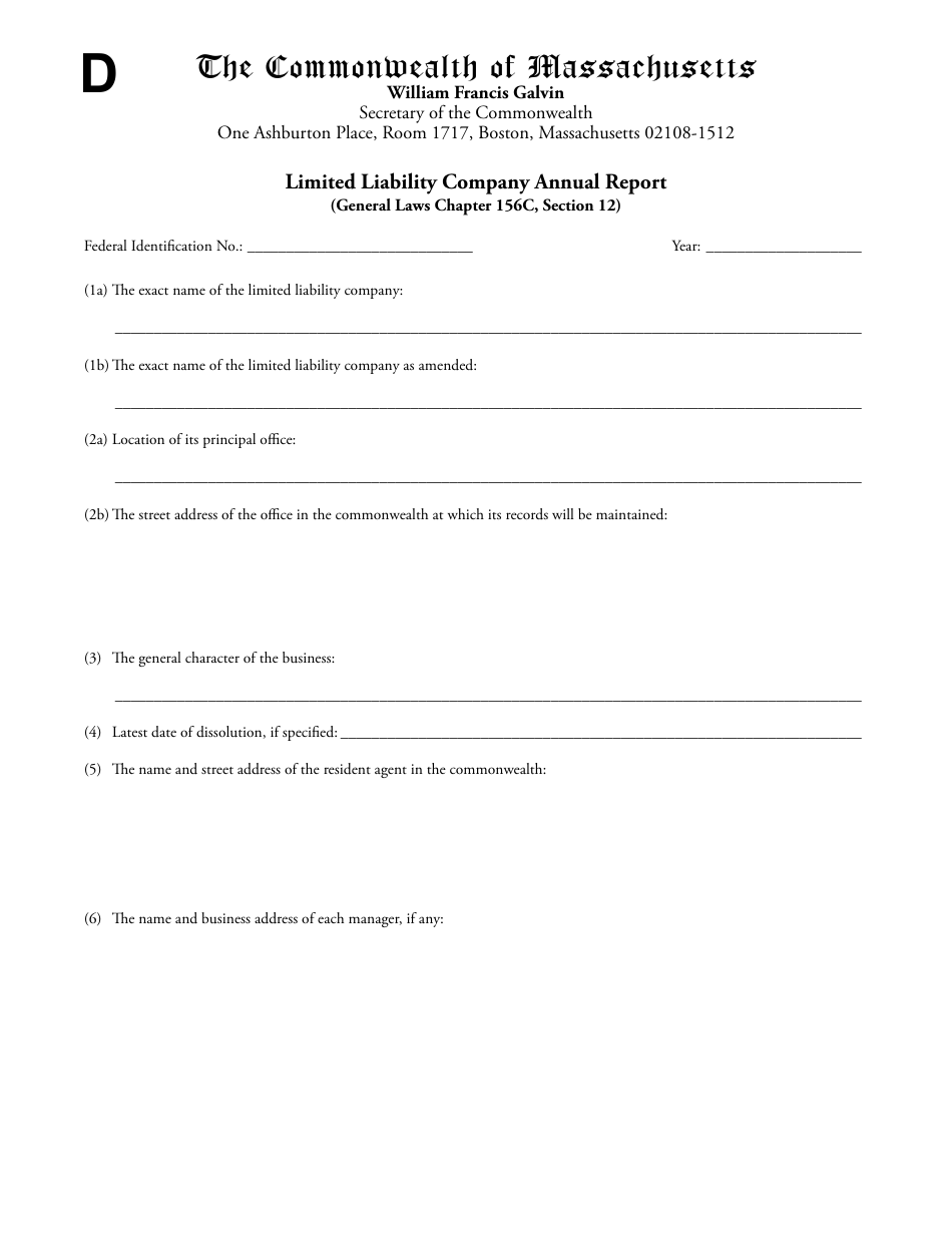 Massachusetts Limited Liability Company Annual Report Form Fill Out   Limited Liability Company Annual Report Form Massachusetts Print Big 