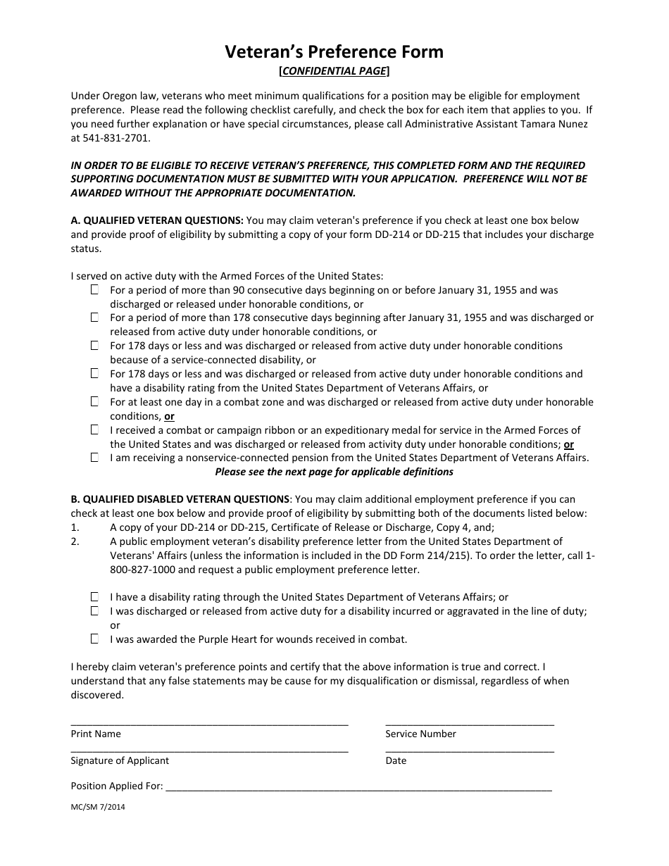 Veterans Preference Form - Oregon, Page 1