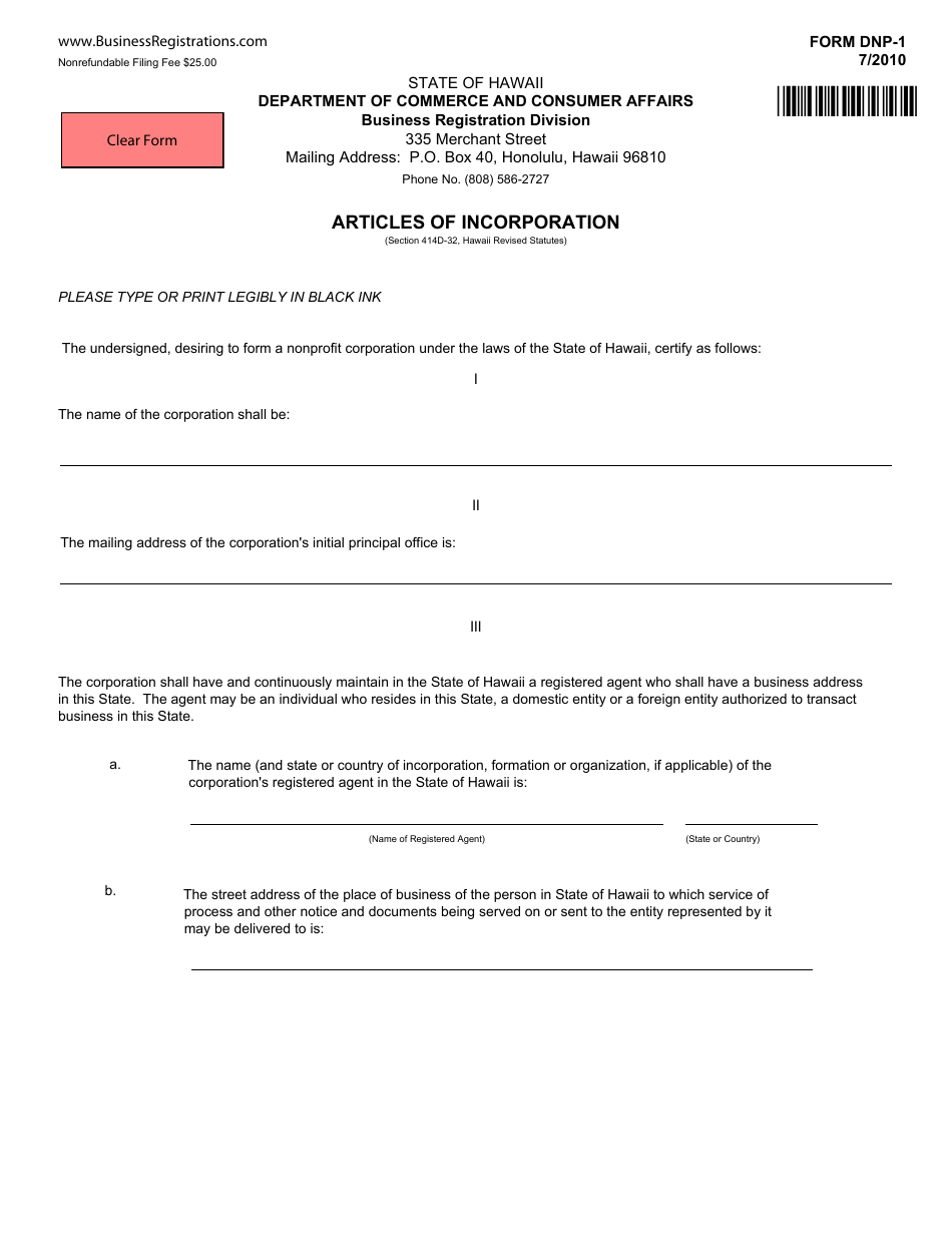 Form DNP-1 Articles of Incorporation - Hawaii, Page 1