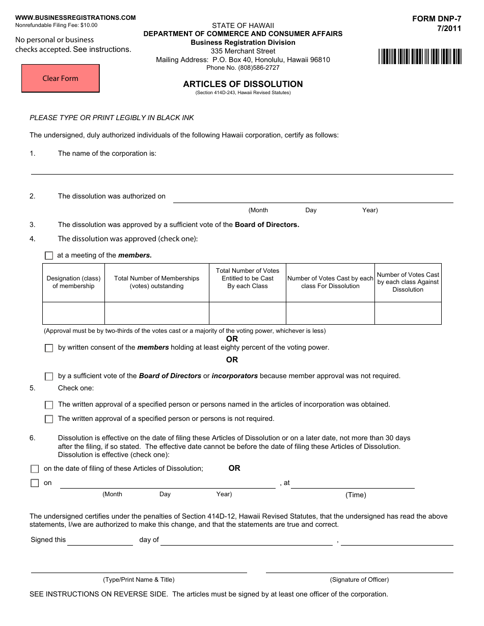 Form DNP-7 Articles of Dissolution - Hawaii, Page 2
