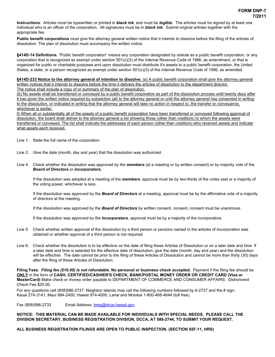 Form DNP-7 Articles of Dissolution - Hawaii, Page 3
