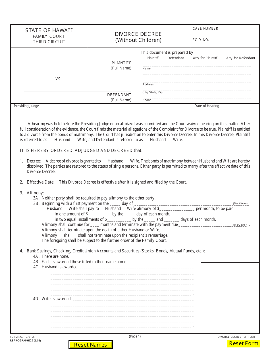 Form 073106 (3F-P-268) Divorce Decree (Without Children) - Hawaii, Page 1