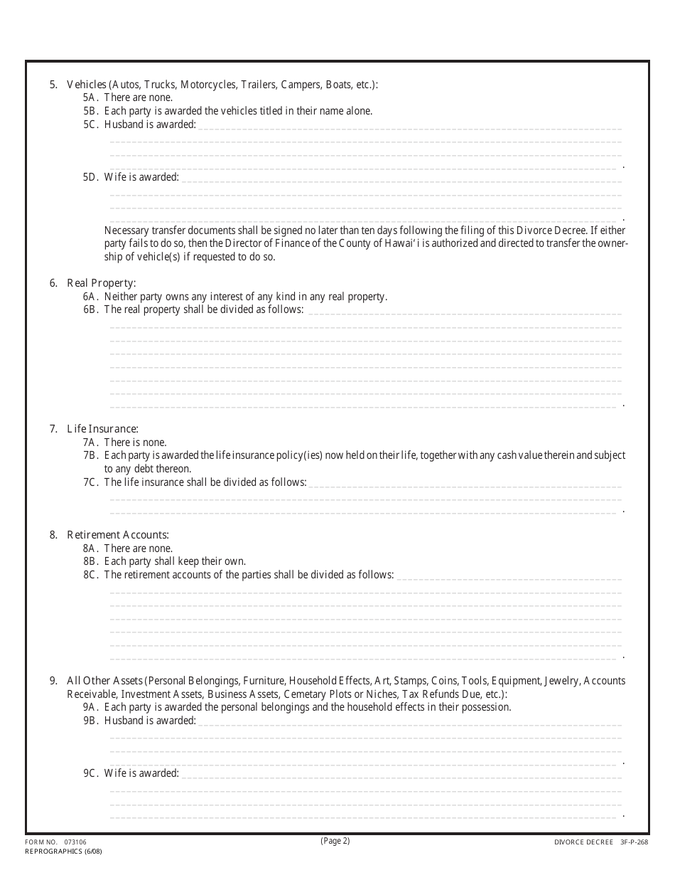 Form 073106 (3F-P-268) Divorce Decree (Without Children) - Hawaii, Page 2