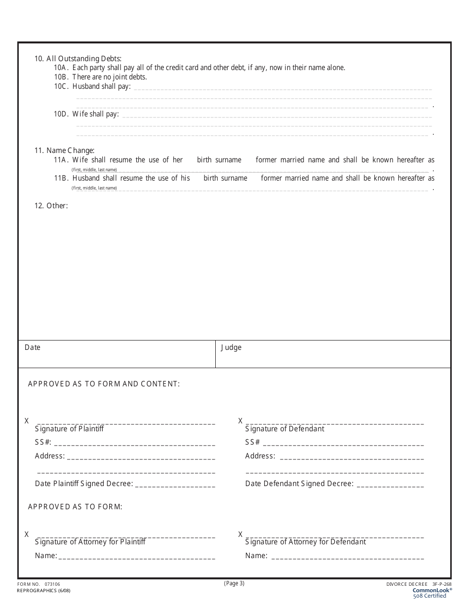 Form 073106 (3F-P-268) Divorce Decree (Without Children) - Hawaii, Page 3