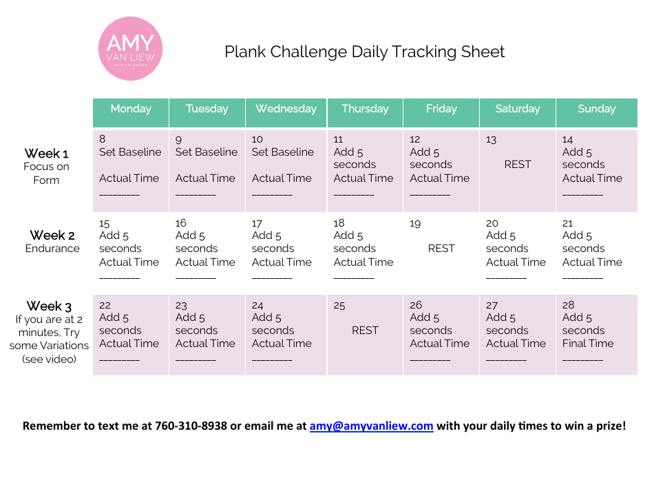 Sample Plank Challenge Daily Tracking Sheet by Amy Van Liew