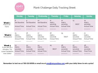 Document preview: Sample Plank Challenge Daily Tracking Sheet - Amy Van Liew