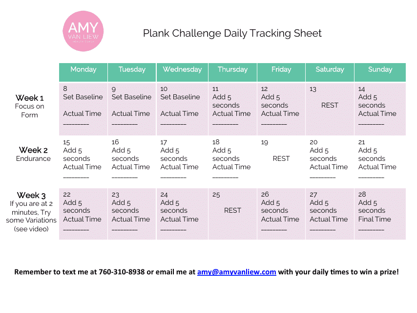Sample Plank Challenge Daily Tracking Sheet by Amy Van Liew