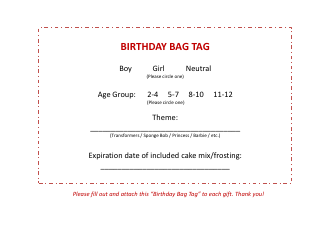 Document preview: Birthday Bag Tag Template