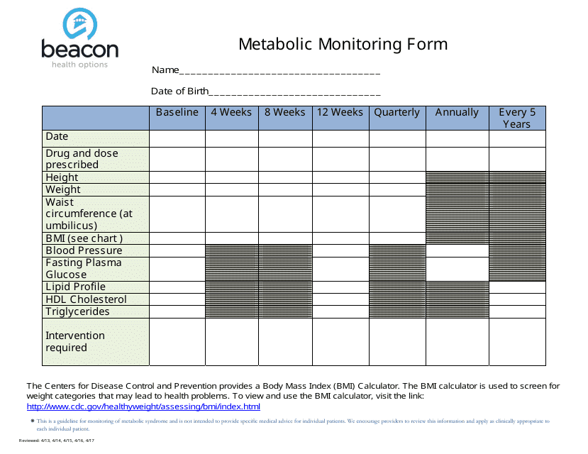 Metabolic Monitoring Form - Beacon Health Options Download Pdf