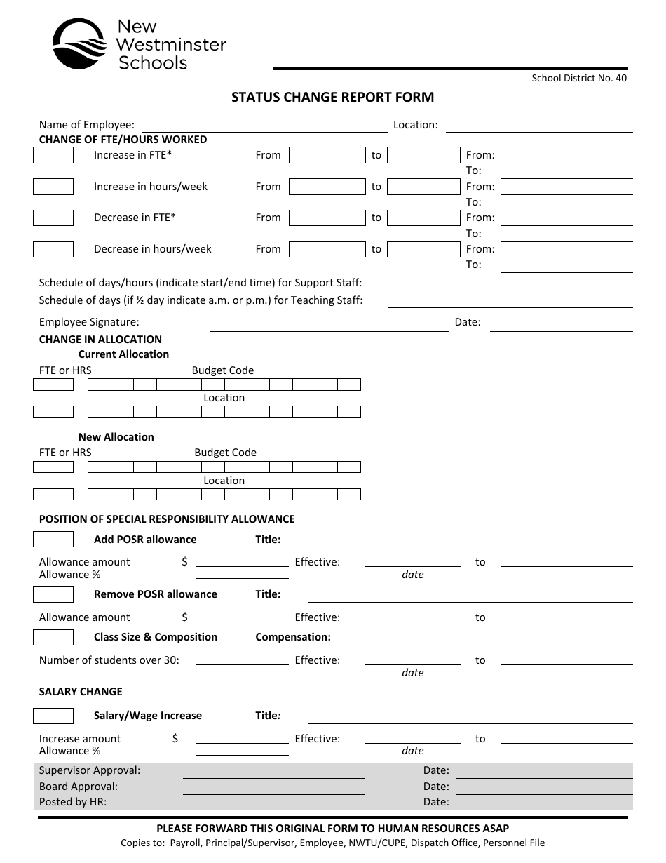 Status Change Report Form - New Westminster Schools, Page 1