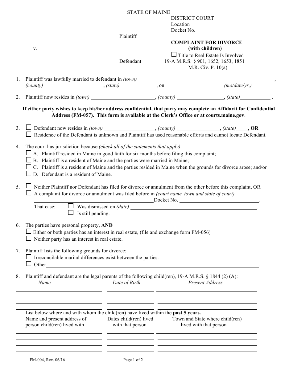 Form FM-004 Divorce Complaint With Children - Maine, Page 1