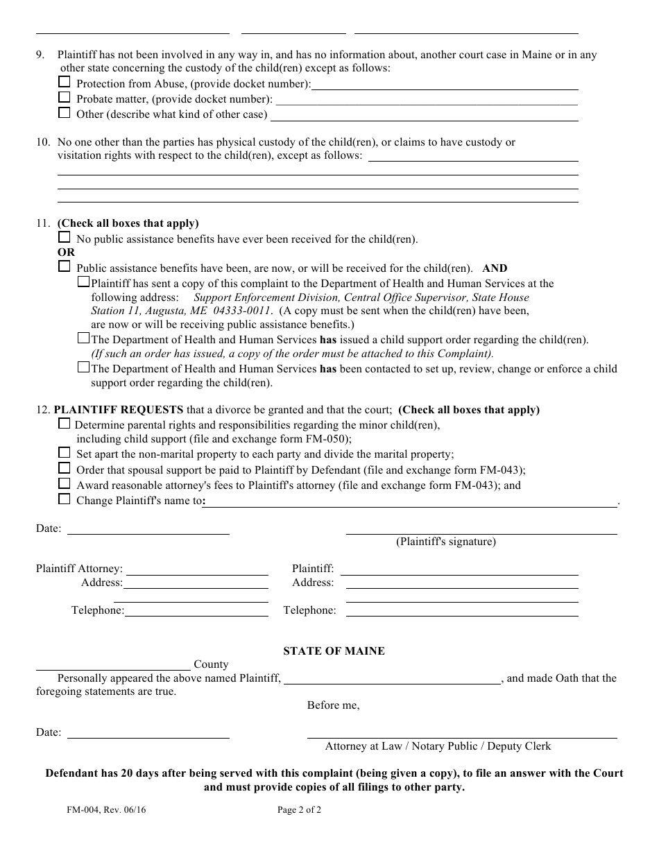 Form FM-004 Divorce Complaint With Children - Maine, Page 2